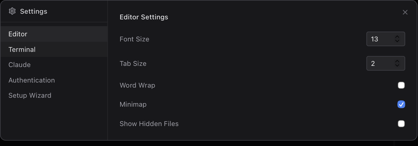 Settings panel