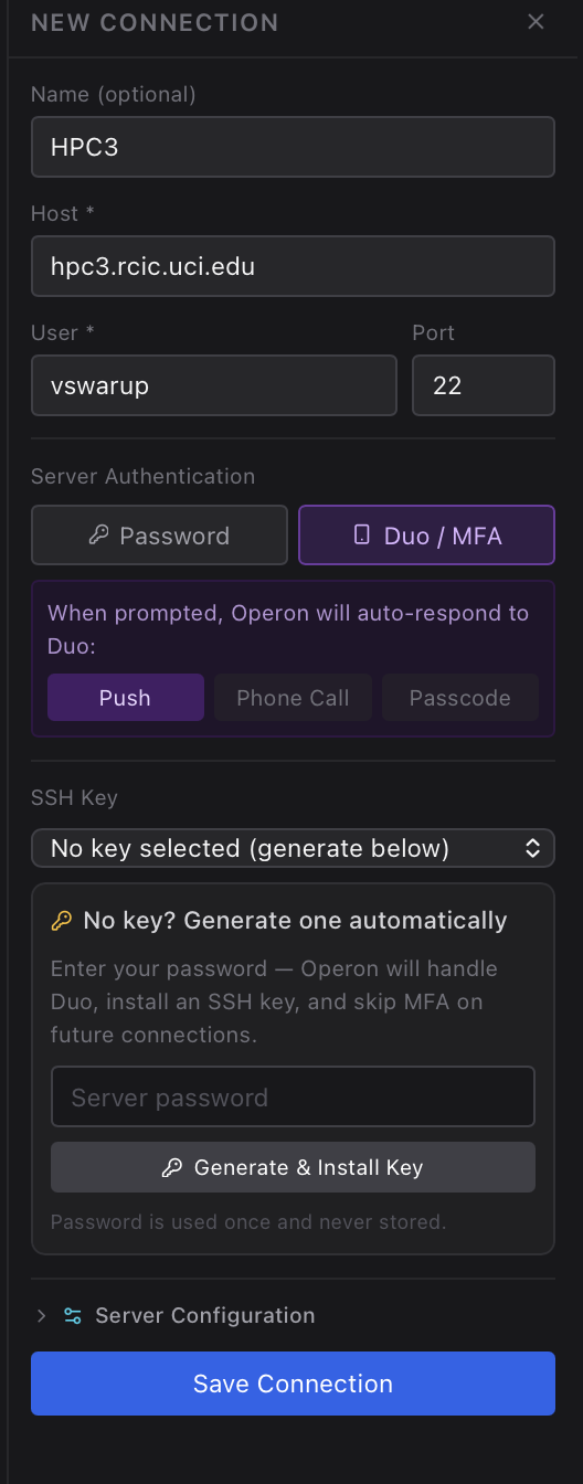 SSH connection dialog